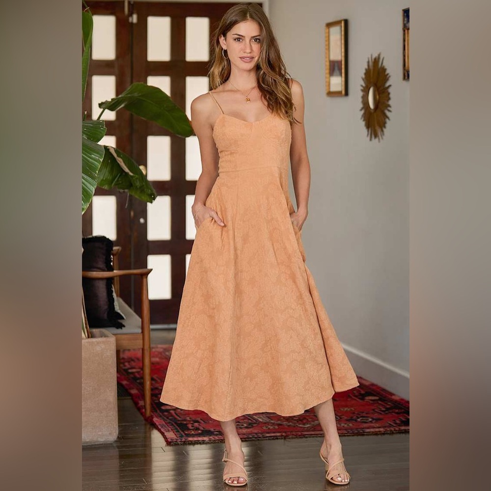 Lulus Time for Tea Orange Jacquard Sleeveless Midi Dress